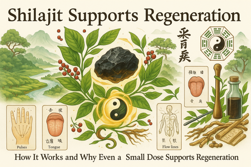 Shilajit resin in spoon over mountain background