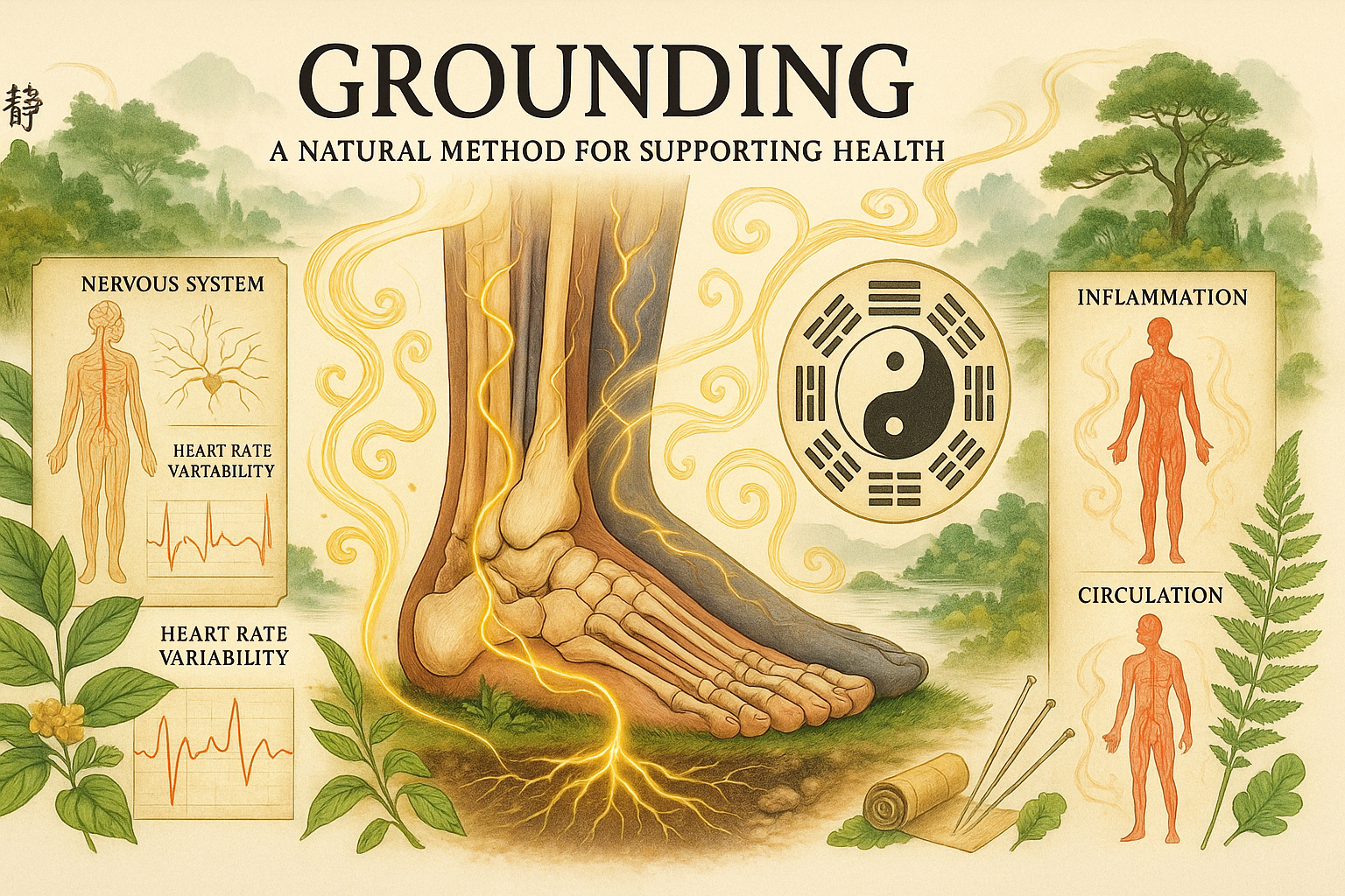 Woman walking barefoot on grass – grounding practice